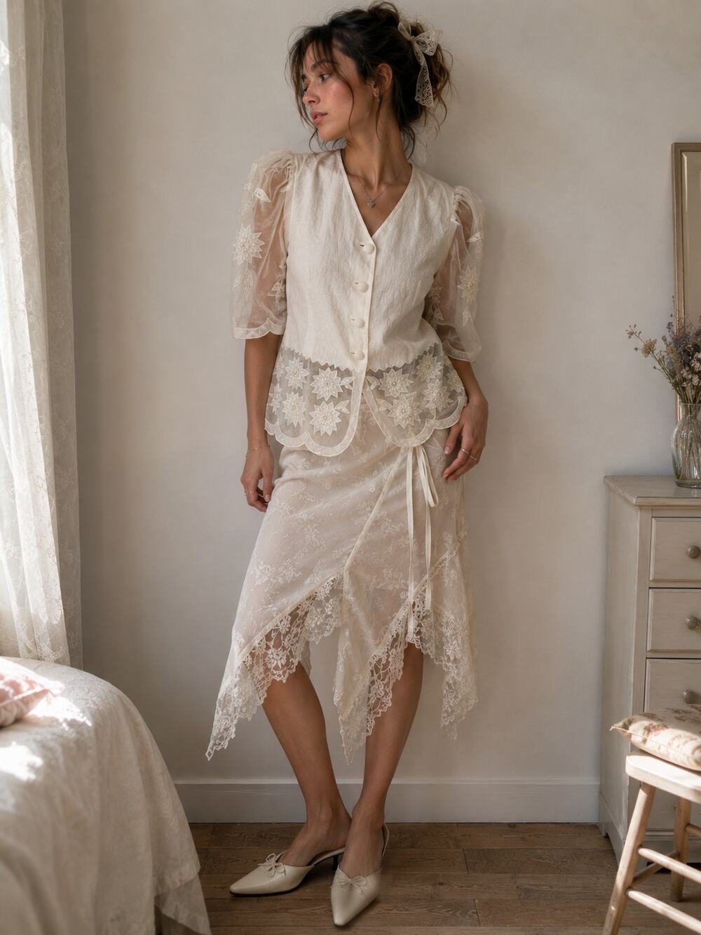 Vintage Sheer Sleeve Fairy Floral Beaded Romantic Blazer Womens Size M Coquette